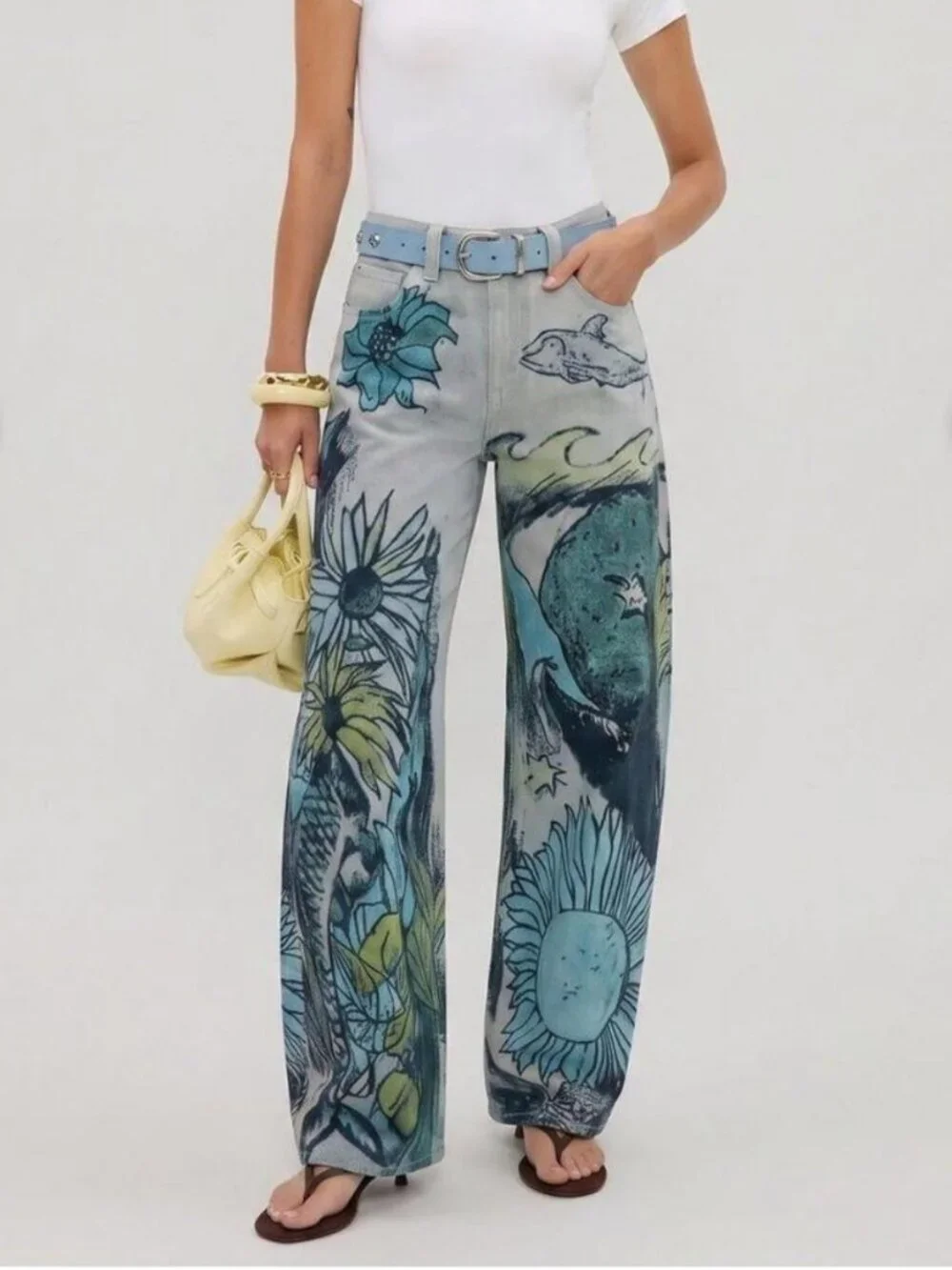 NWT Free People Tinsley Printed Straight Leg Jeans in Seashore Combo - Picture 1 of 10